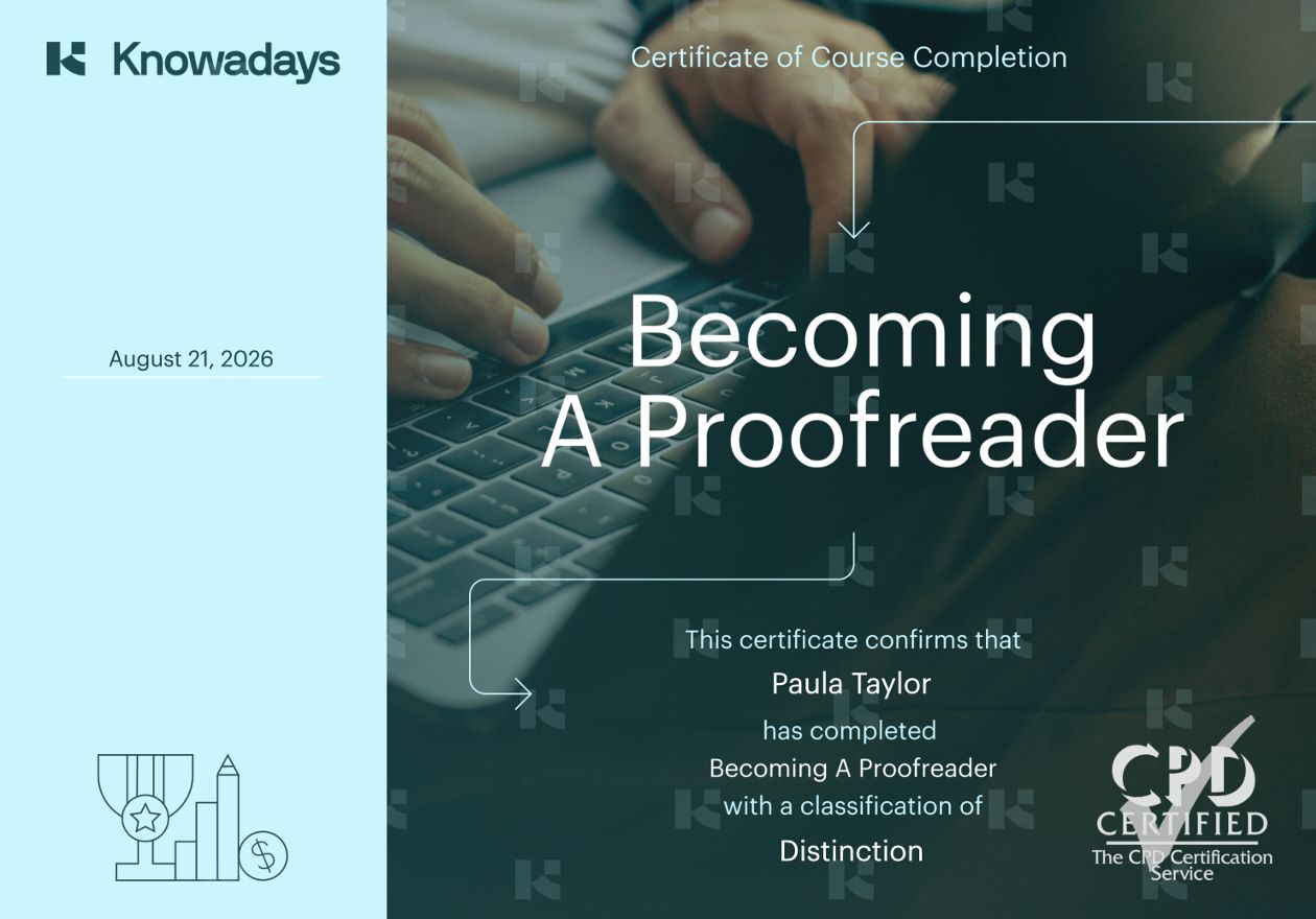 image of Paula's proofreading certificate